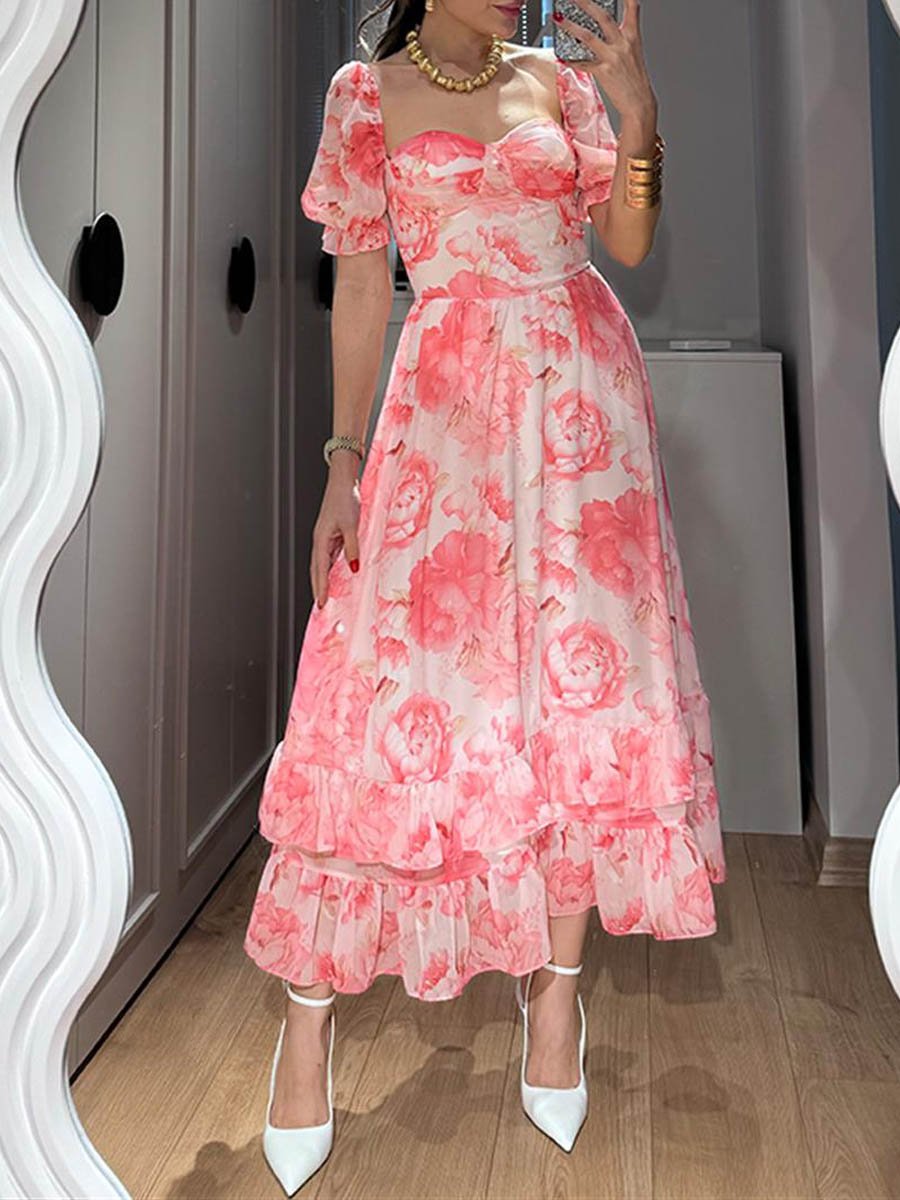 Floral Puff Sleeve Ruffled Dress