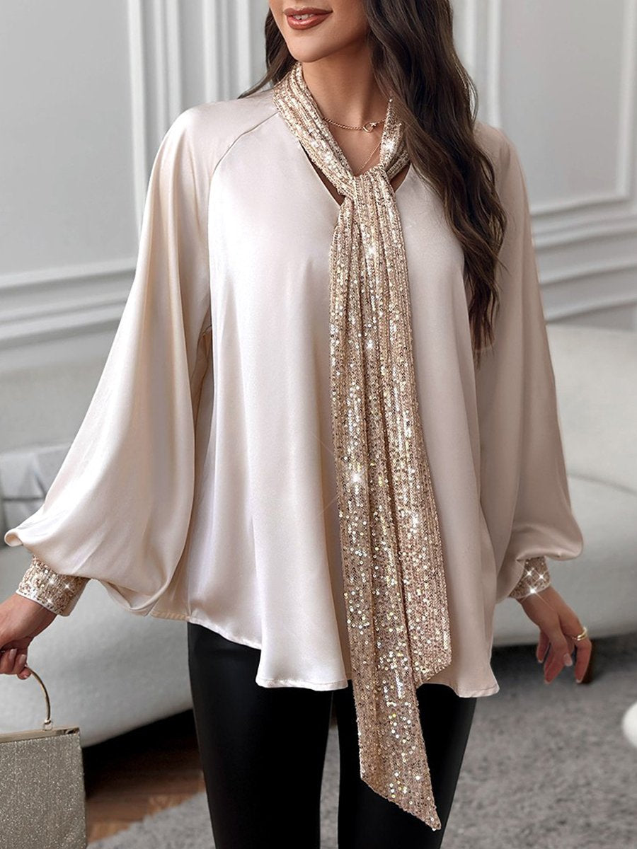 Sequin Patchwork Loose Lace Up Blouse
