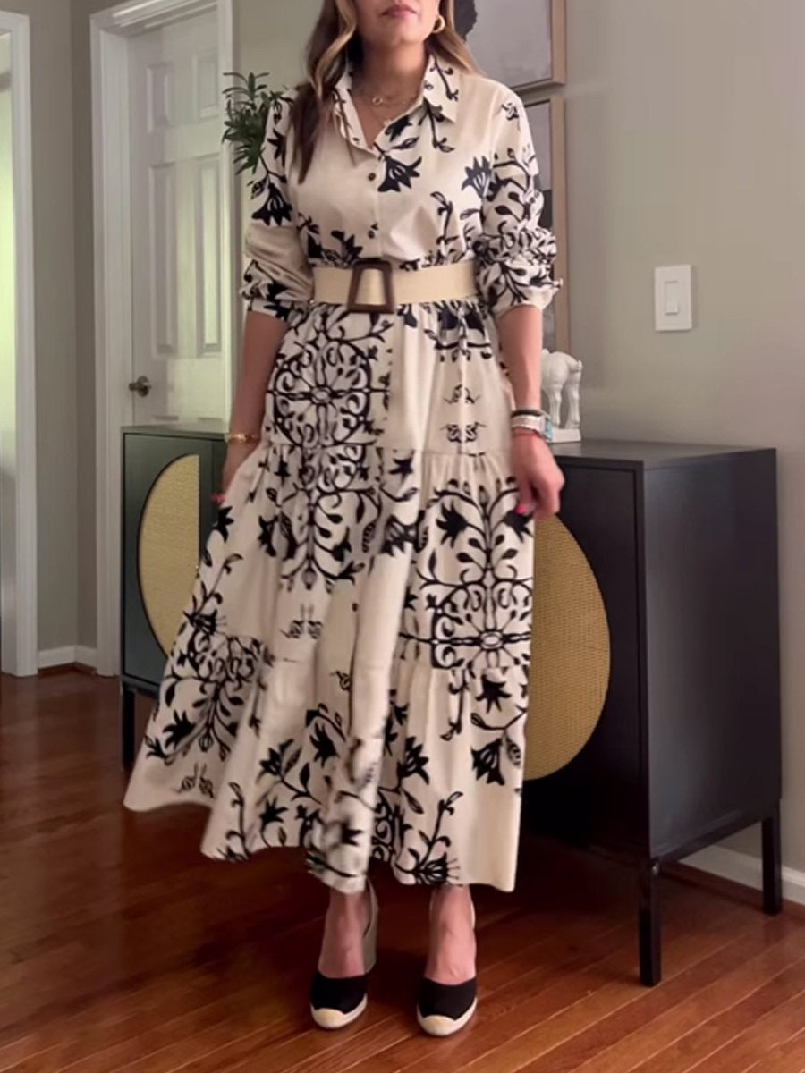 Printed Lace Up Long Sleeve Dress