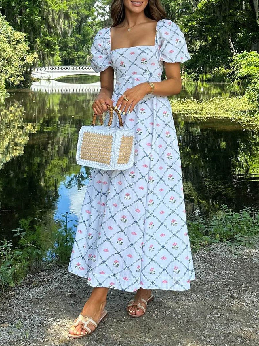 Square Collar Floral Puff Sleeve Dress