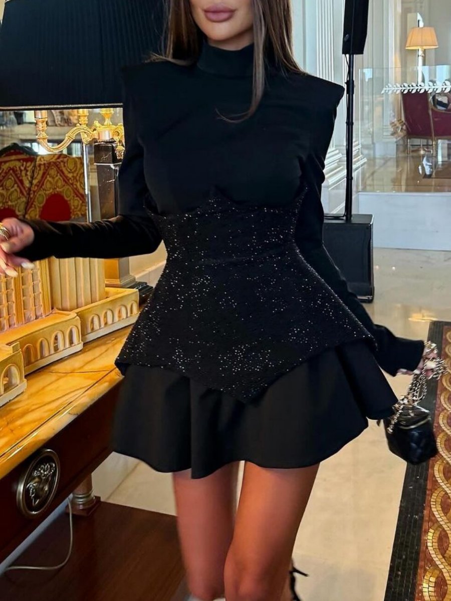 Fashion Black Hot Drilling Waist Mini Dress