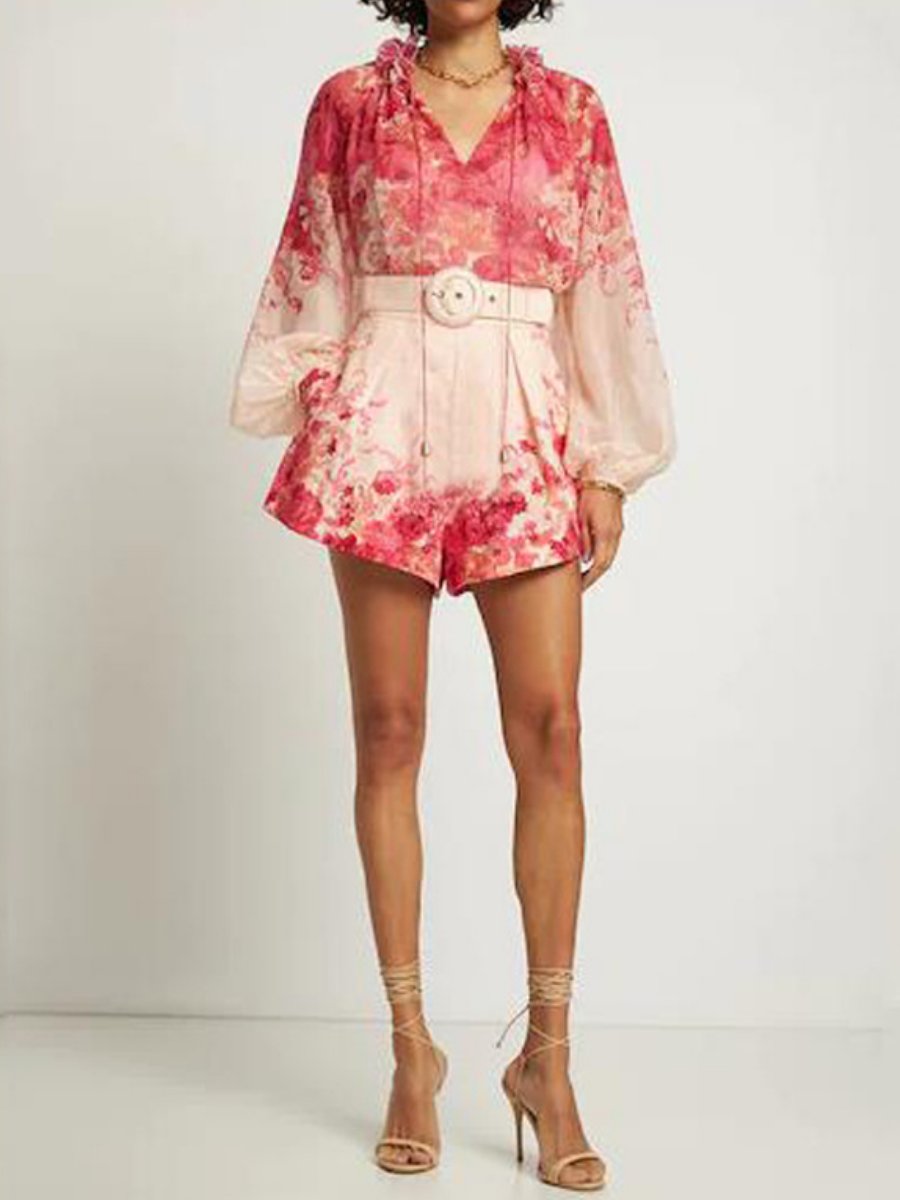 Printed Lace-Up Ruffled Two Pieces Set