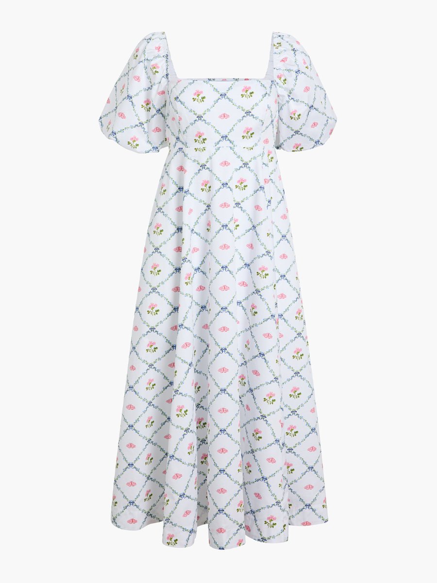 Square Collar Floral Puff Sleeve Dress