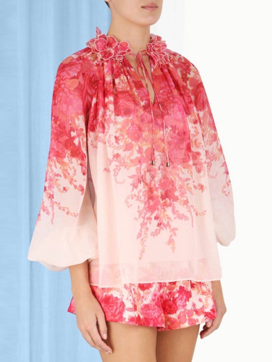 Printed Lace-Up Ruffled Two Pieces Set