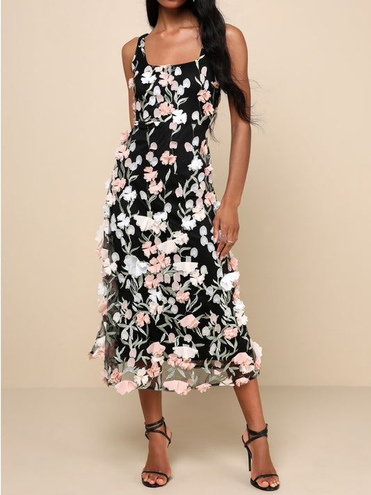 The Black Mesh 3D Floral Midi Dress