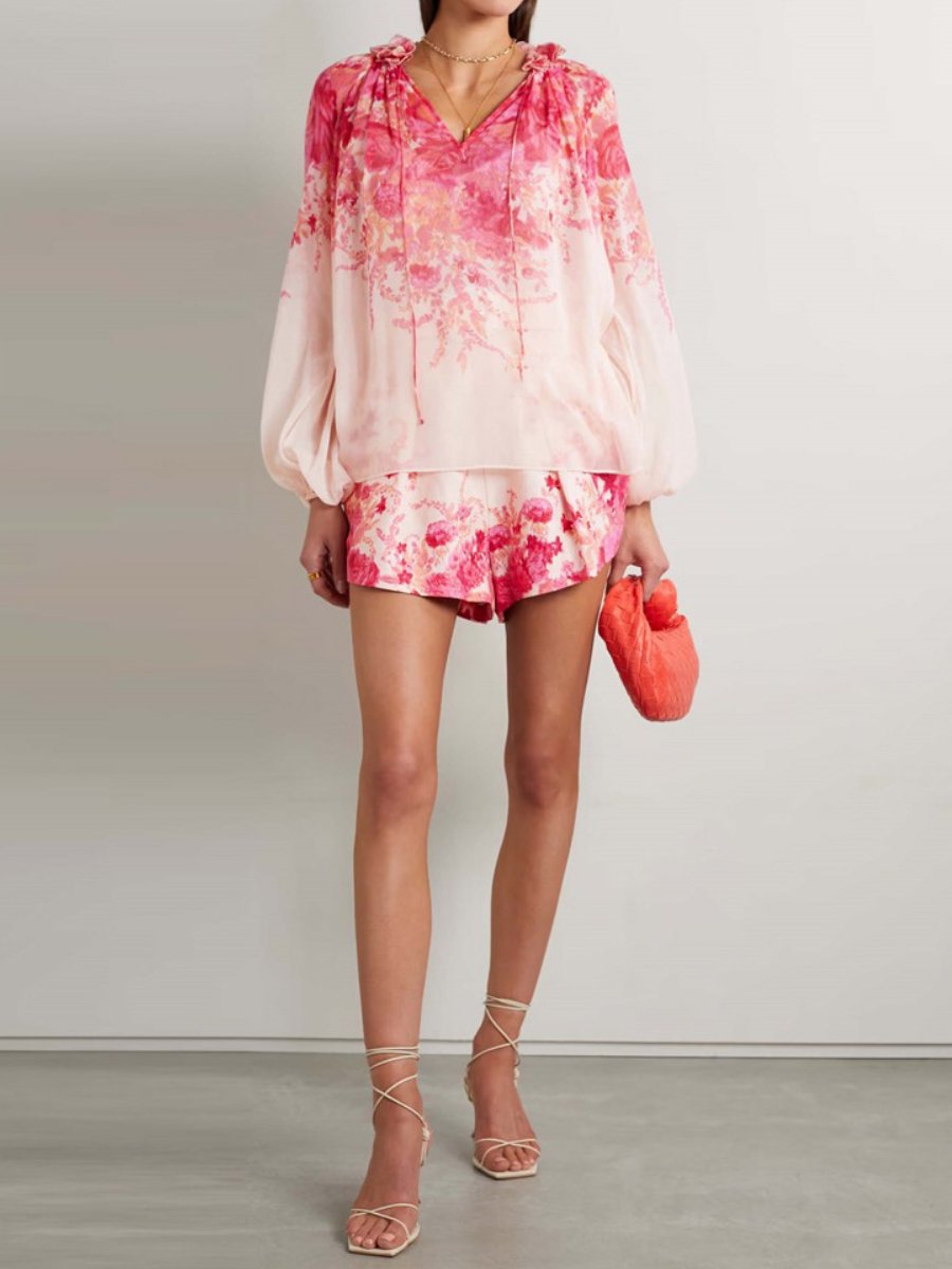 Printed Lace-Up Ruffled Two Pieces Set
