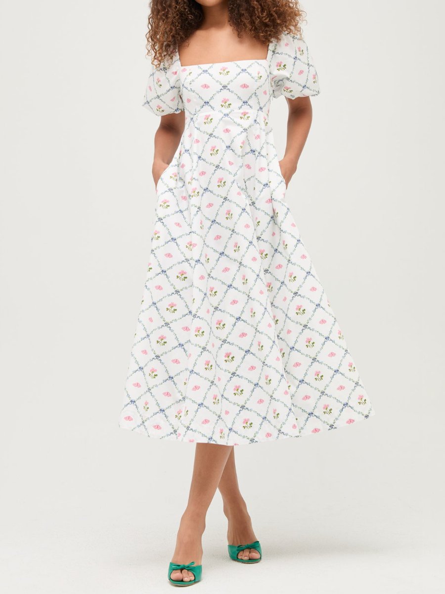 Square Collar Floral Puff Sleeve Dress