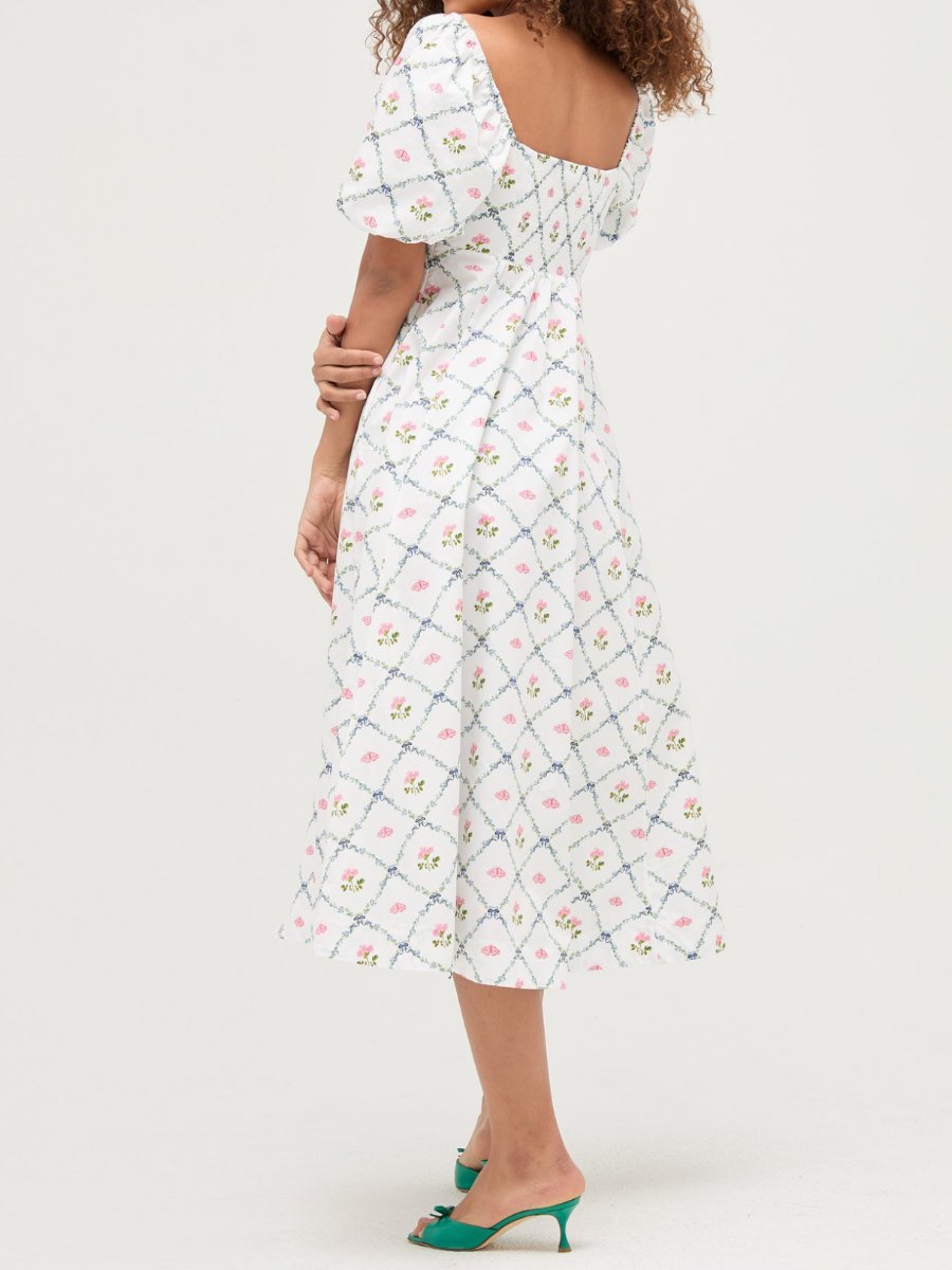 Square Collar Floral Puff Sleeve Dress