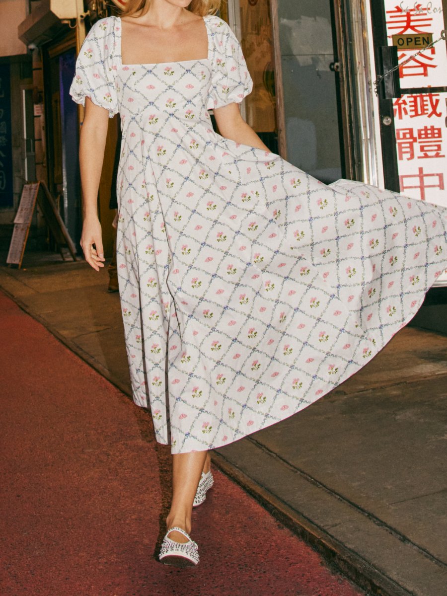 Square Collar Floral Puff Sleeve Dress