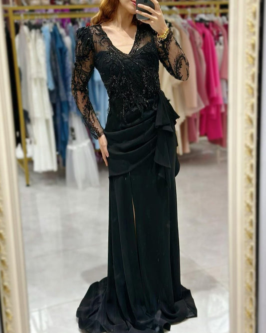 Black Sequin Lace Evening Dress