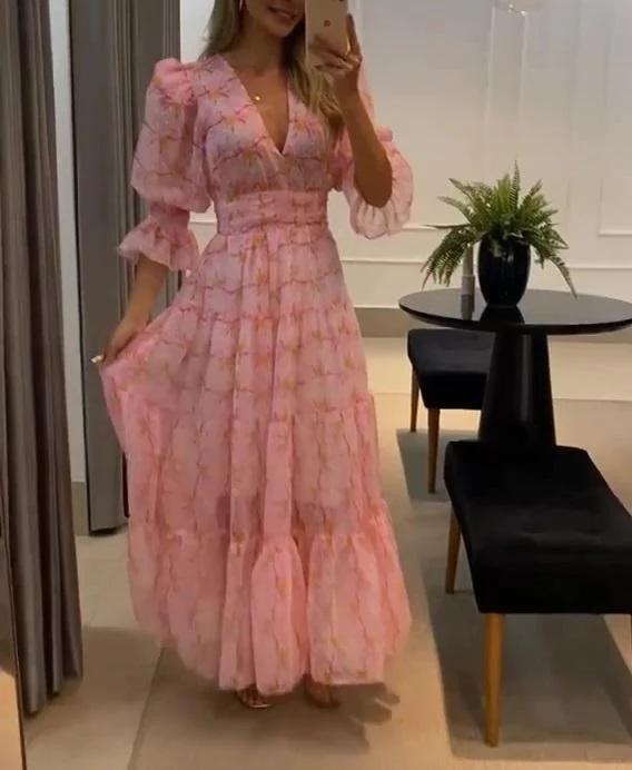 Pink V-neck Bubble Sleeve Floral Dress