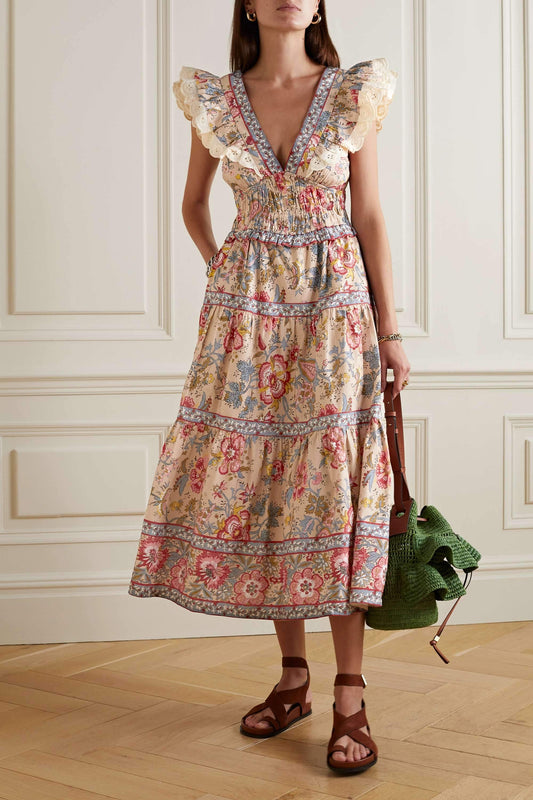 Ruffled Floral-print Cotton Midi Dress