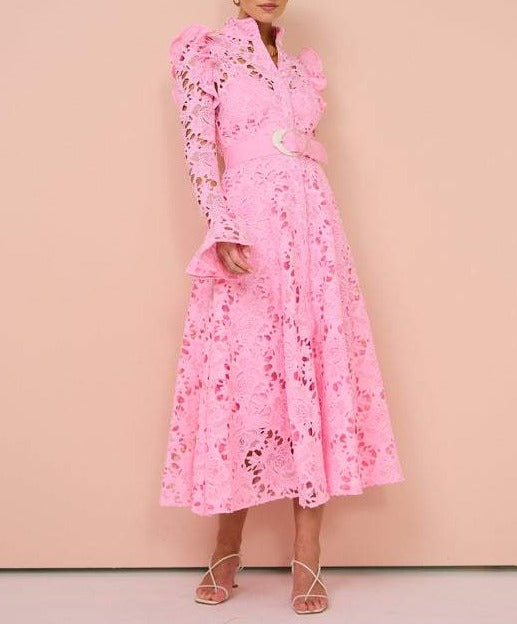 Candy Pink Lace Butterfly Sleeve Midi Dress