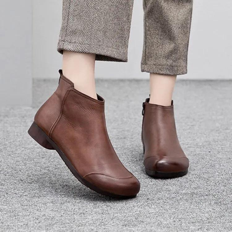 Women Fashion Square Toe Side Zip Retro Short Boots