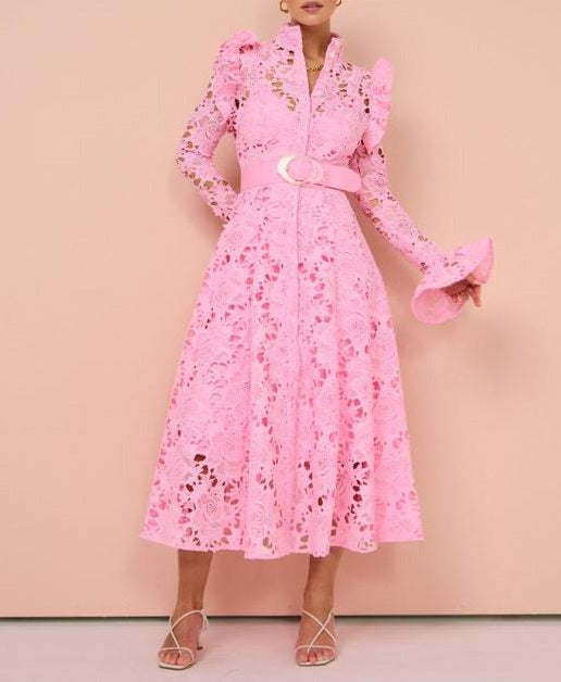 Candy Pink Lace Butterfly Sleeve Midi Dress