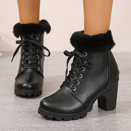 Women's Round-Toe Chunky Heel Lace-Up Faux Fur Ankle Boots