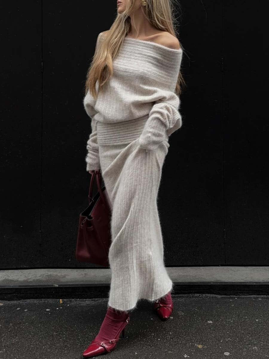 Knitted Off Shoulder Sweater Top & Skirts
