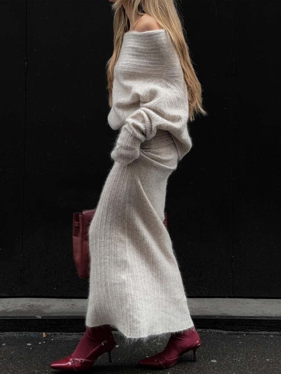 Knitted Off Shoulder Sweater Top & Skirts