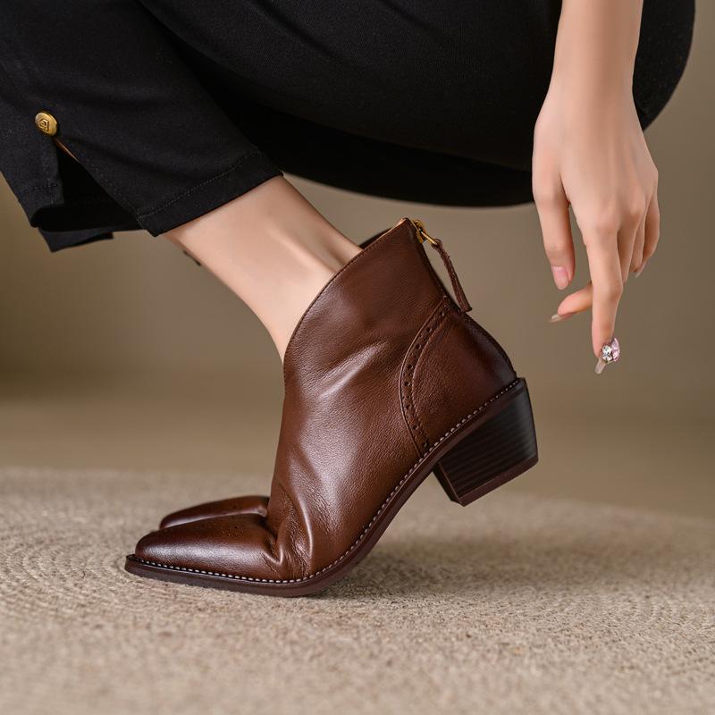 Women's Chunky Heel Pointed Toe Vintage Ankle Boots