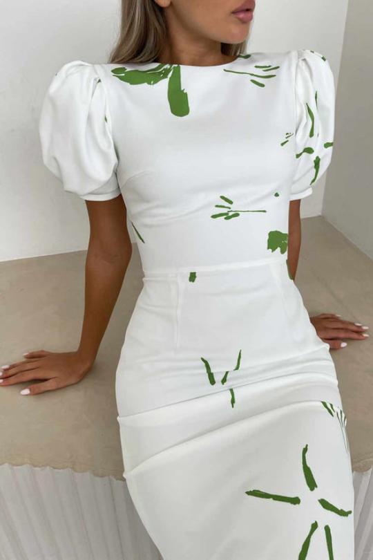 Voluminous Sleeve Abstract Print Midi Dress