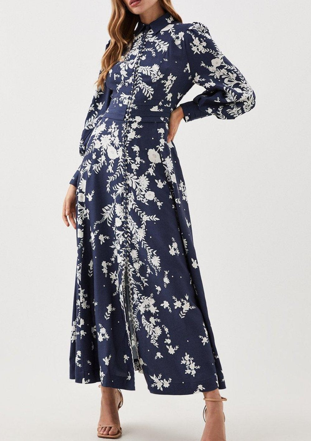 Lydia Millen Linen Floral Embroidered Woven Maxi Dress