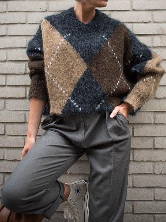 Long Sleeve V-neck Plaid Paneled Knit Sweater