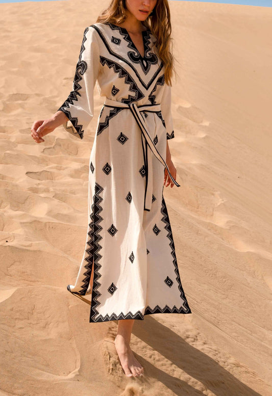Linen Blend Ethnic Print Belted Midi Dress