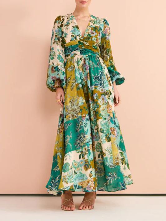 Green Printed Ruched Dress