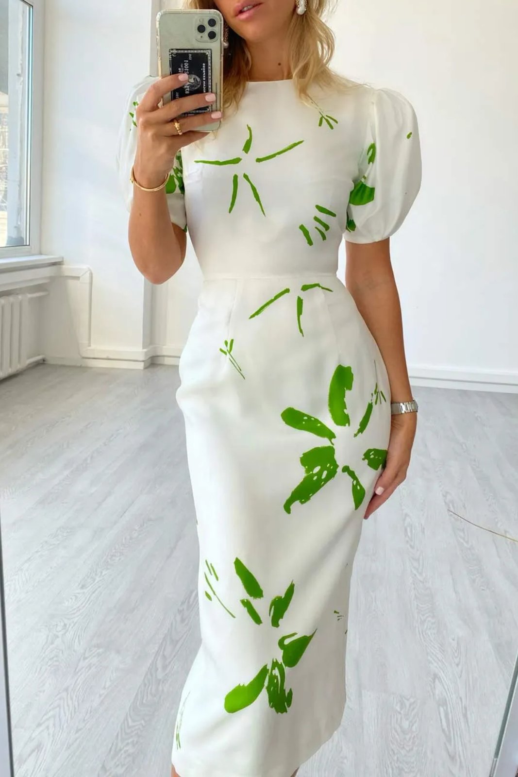 Voluminous Sleeve Abstract Print Midi Dress