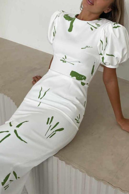 Voluminous Sleeve Abstract Print Midi Dress