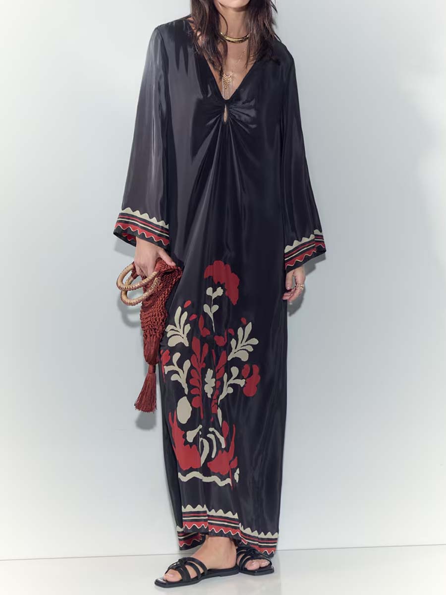 Loose Satin V Neck Printed Maxi Dress