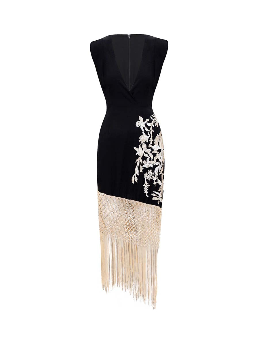 Fringed Edge Deep V Neck Sleeveless Dress
