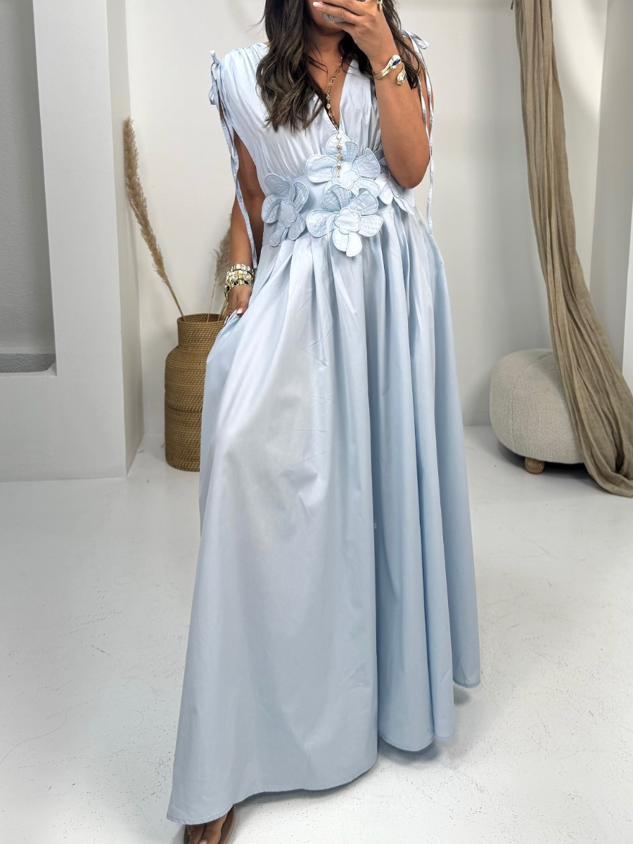 Floral Shoulder Drawstring Retractable V-neck Dress