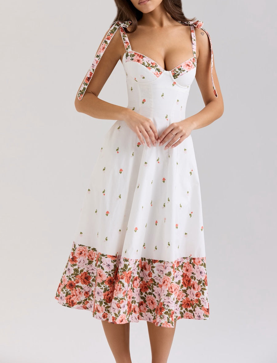 White Floral Print Stretch Cotton Midi Sundress