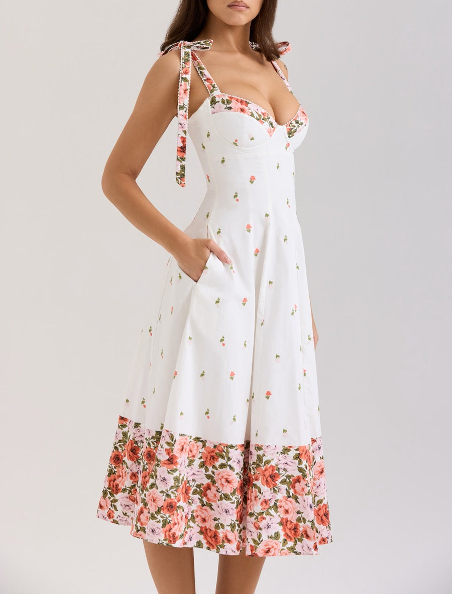 White Floral Print Stretch Cotton Midi Sundress