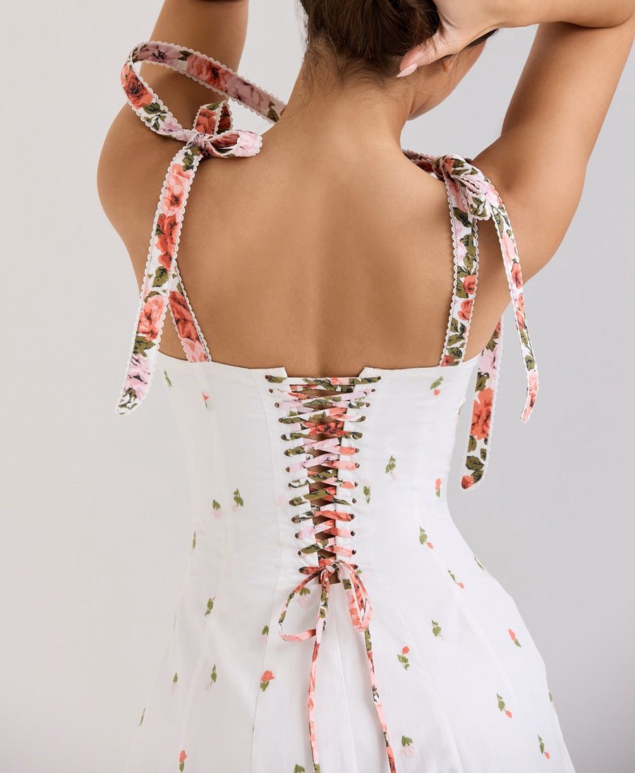 White Floral Print Stretch Cotton Midi Sundress