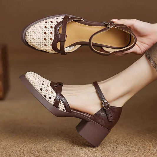 Vintage Woven Thick Heeled Sandals
