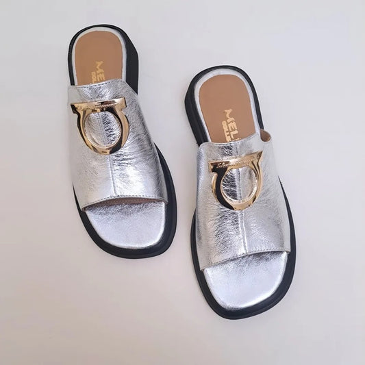 Metal Buckle Silver Leather Slippers