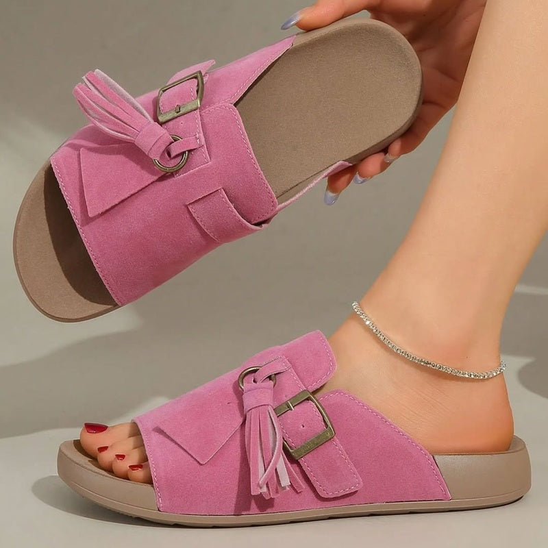 Fringed Open-Toe Cork Insole Sandals