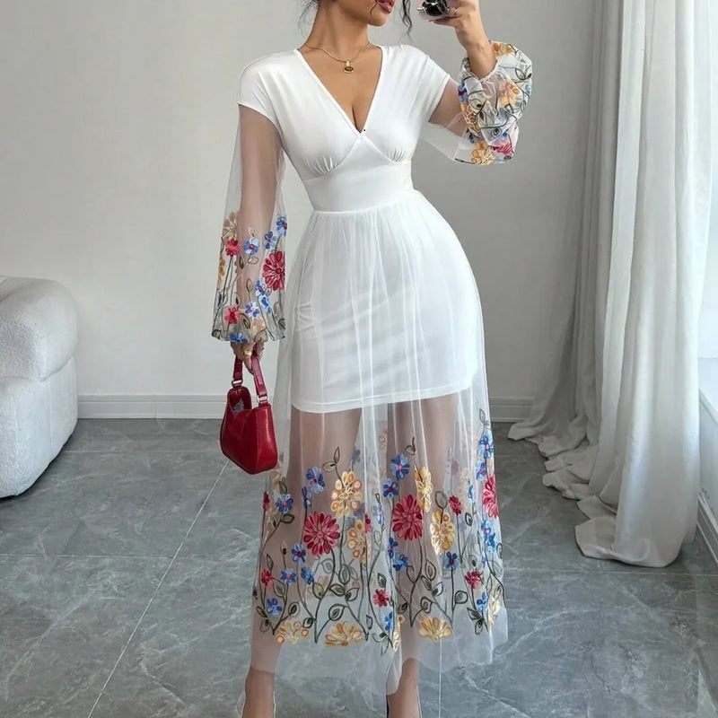 Flowers Embroidery Gauze Dress