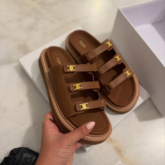 Vintage Three-row Buckle Platform Slippers
