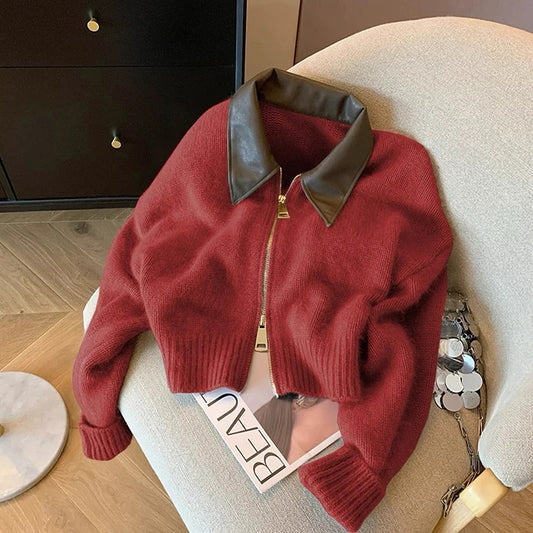 Patchwork Leather Collar Short Sweater Cardigan