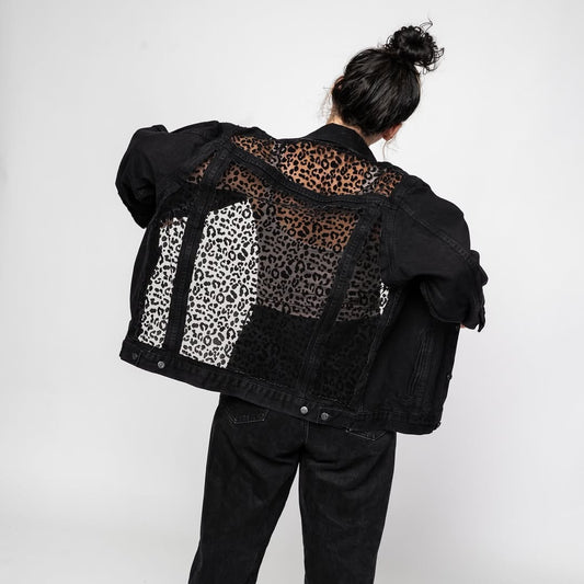 Leopard-Print Cutout Denim Patchwork Jacket