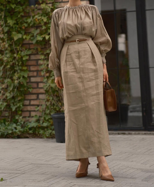 Pleated Long-Sleeve Split Two-Piece Dress