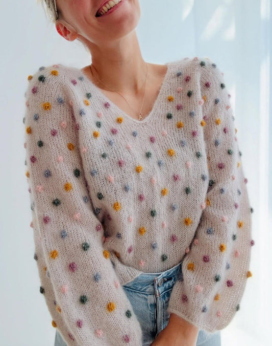 V-Neck Rainbow Pompom Sweater