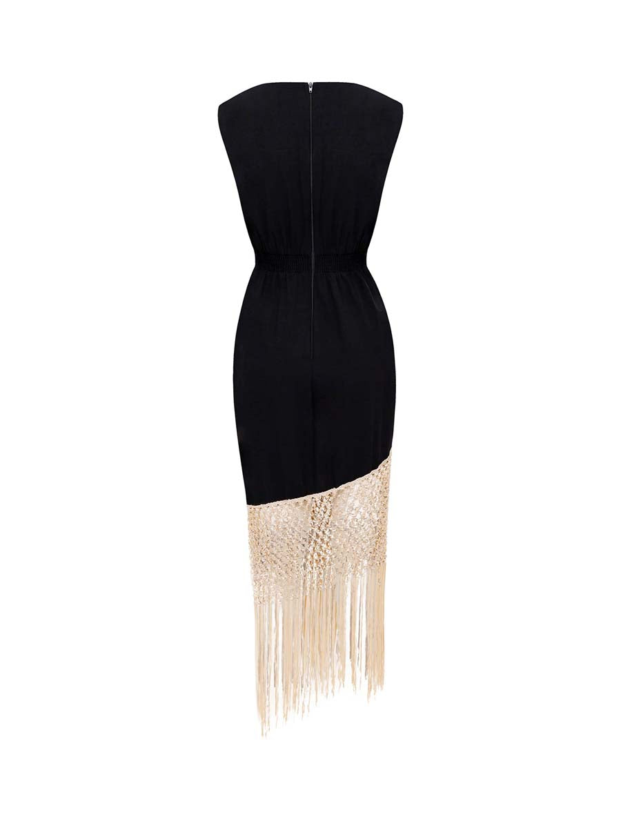 Fringed Edge Deep V Neck Sleeveless Dress
