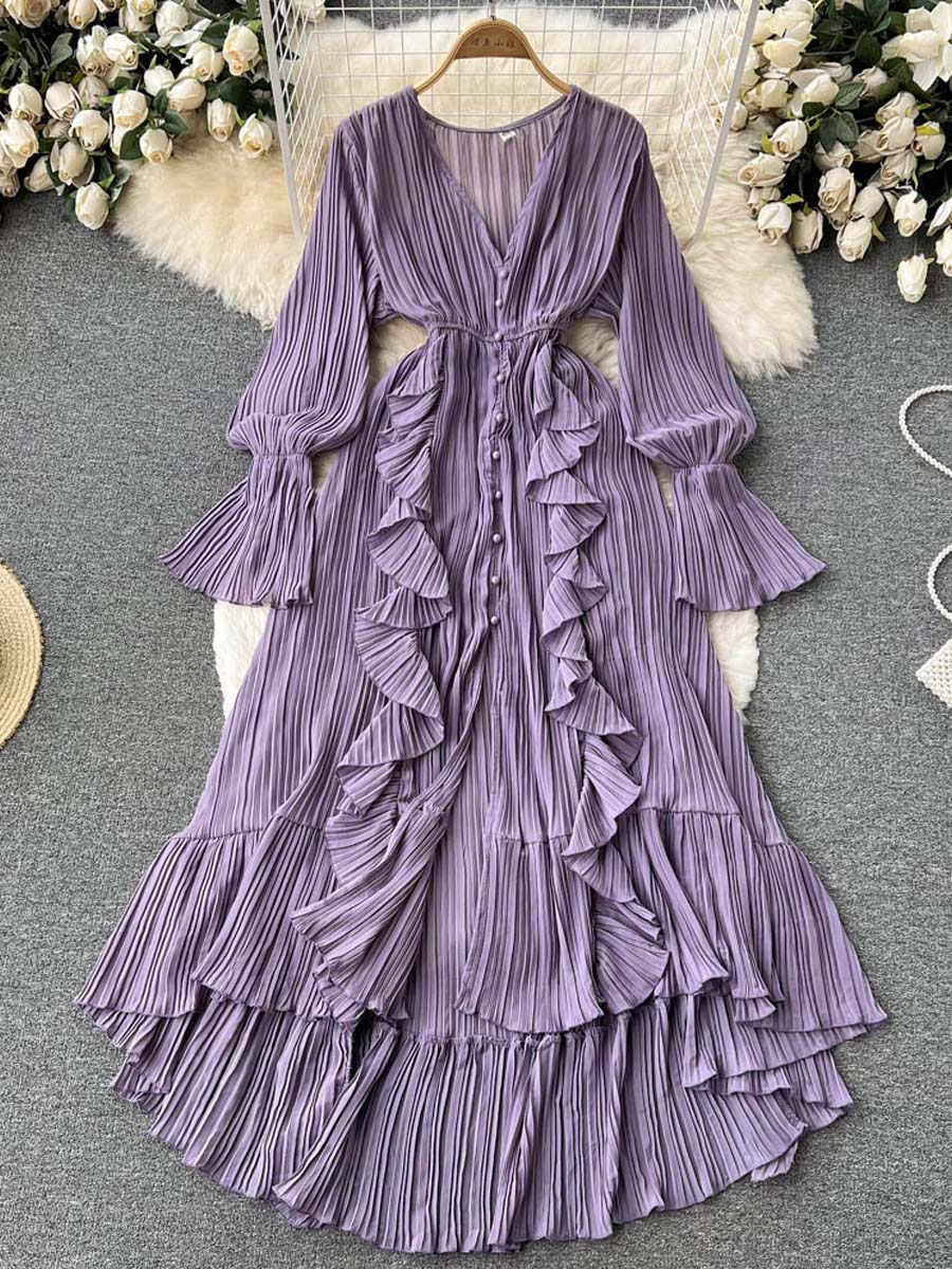 Chiffon Ruffled V-Neck Dress