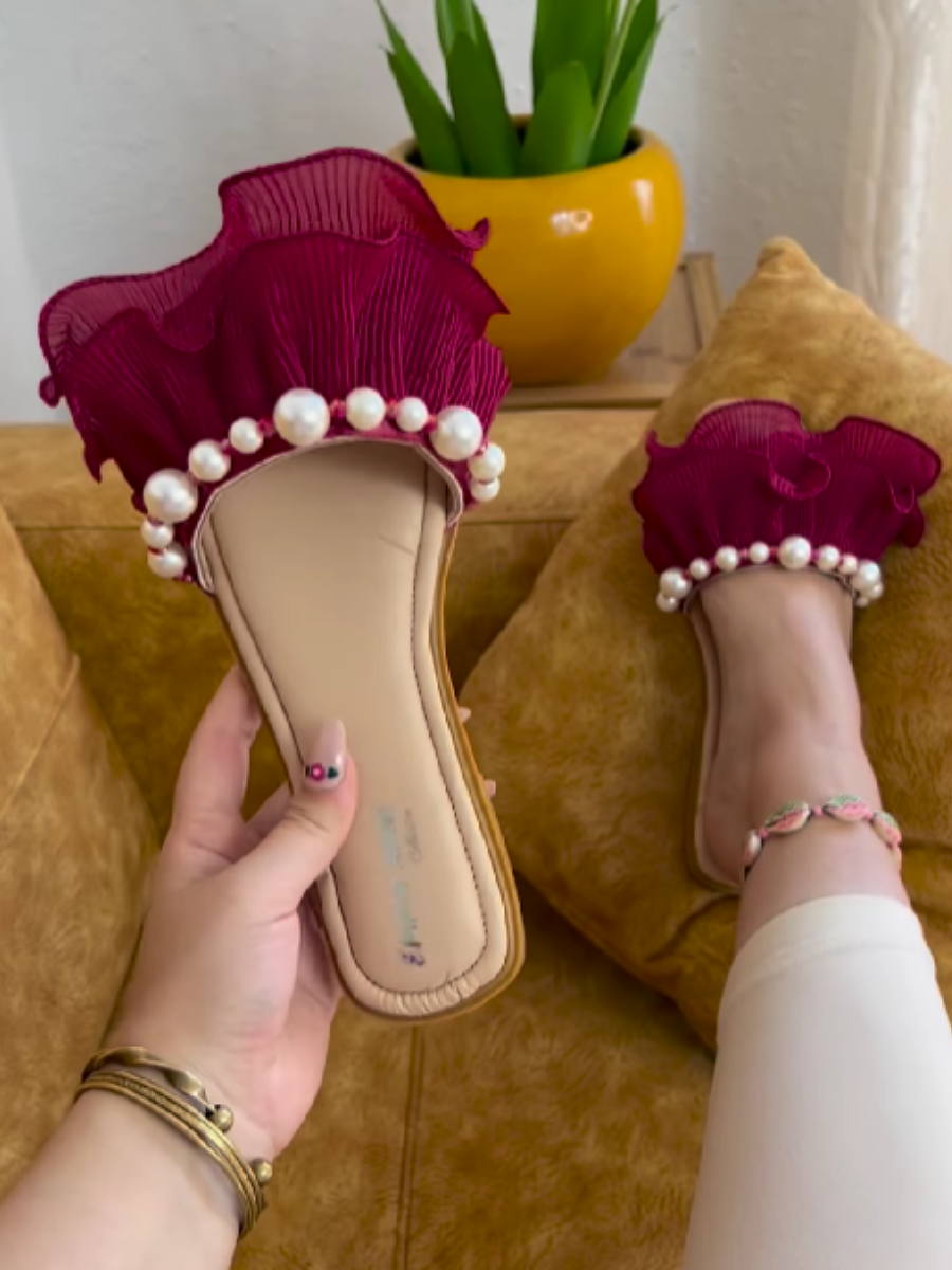 Pearl-Embellished Flat Sandals