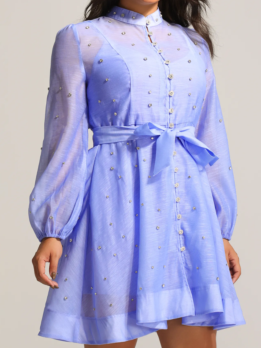 Nail Drill Long Sleeve Breasted Lantern Mini Dress