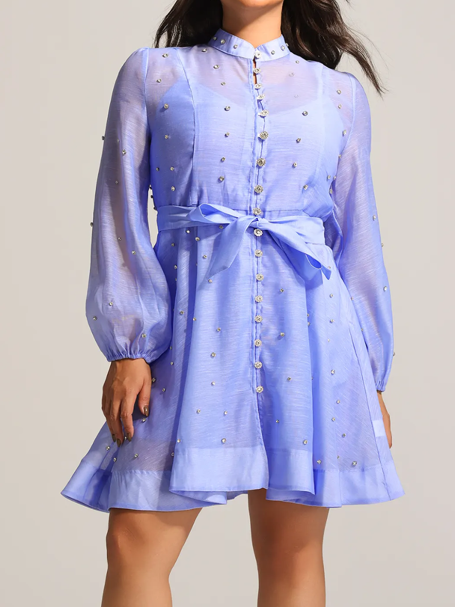 Nail Drill Long Sleeve Breasted Lantern Mini Dress